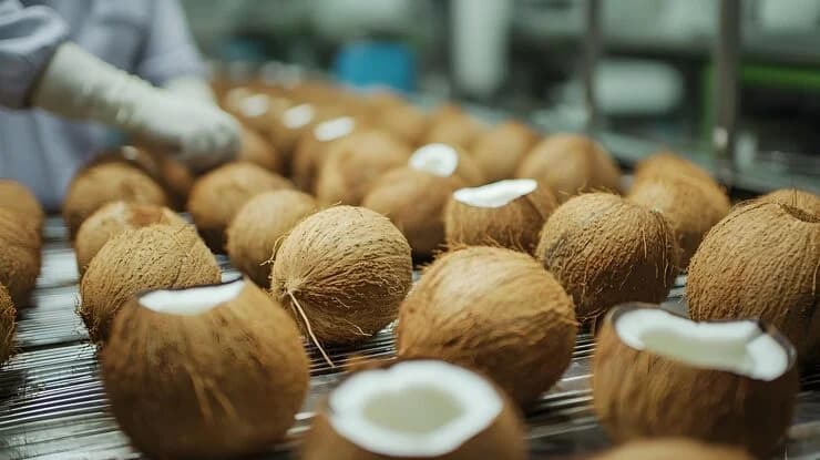 Coconuts being sorted on the processing line